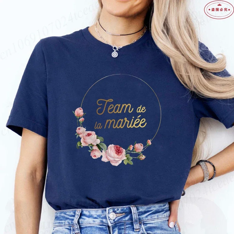 Franse vrouwen bruids bruiloft verloofd tshirt team toekomstige bruid bloem krans T-shirt vrijgezellenfeest tops korte mouwen tees