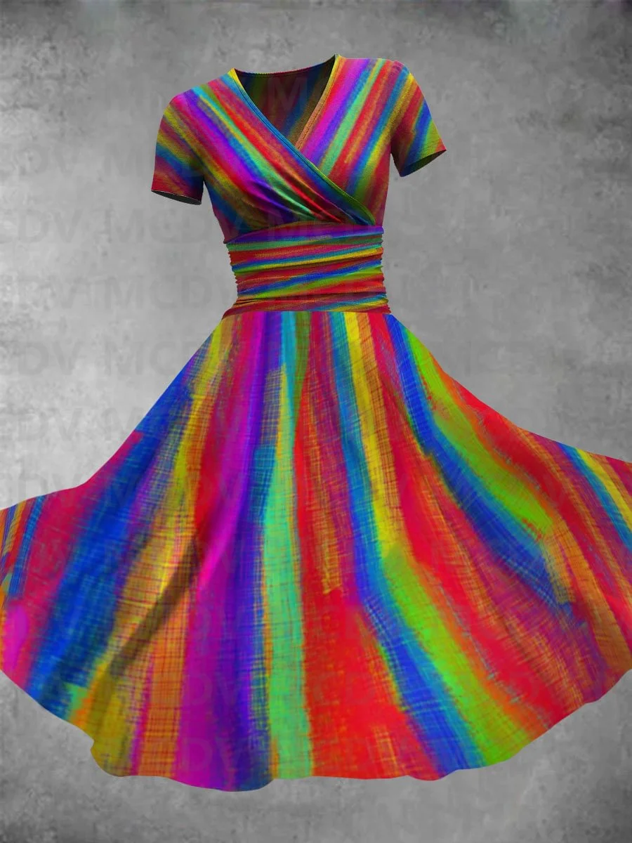 Women's Rainbow Collage Art Maxi Dress 3D Printed Sexy V-neck Dress Female Dresses