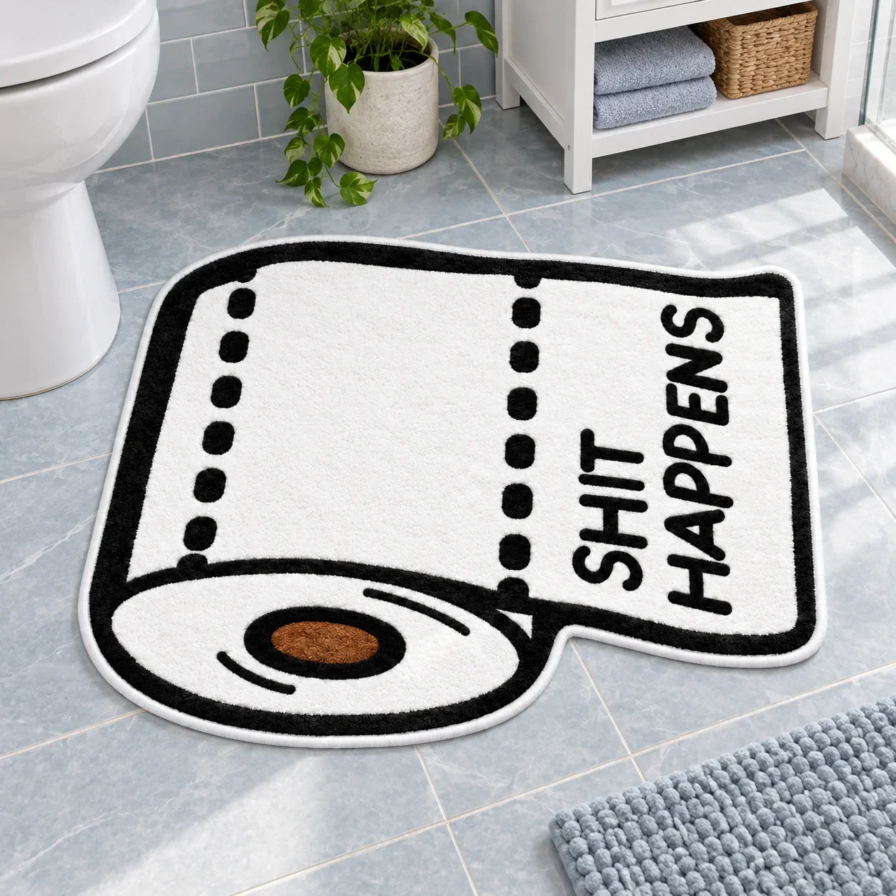 Toilet Paper SHIT HAPPENS Shaped Area Rug, Soft Flannel Non-Slip Floor Mat for Guest Bathroom, Bedroom, Dorm and Entryway Decor