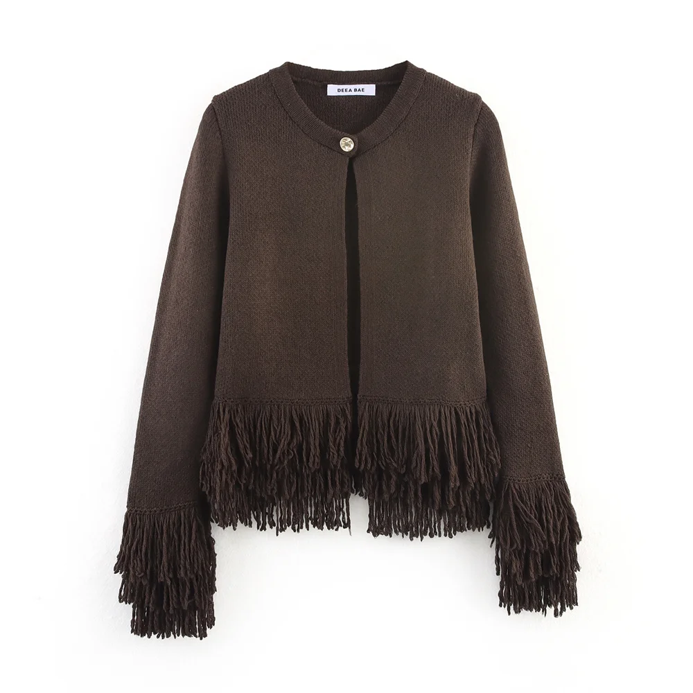 

Осенняя новая женская одежда, вязаная куртка с кисточками и пуговицами, круглым вырезом и длинными рукавами, кардиган