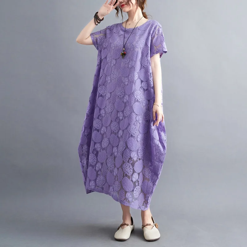  Color Lace Hollow out Dr Casual round Ne ort Sve Long Skirt for plus Size Women Summer Leisure on ape