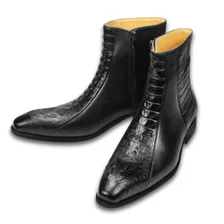 Genuine Leather Mens Boots Autumn Winter Vintage English Style Pointed Toe Work Boots Exquisite Crocodile Engraved Zipper Shoes
