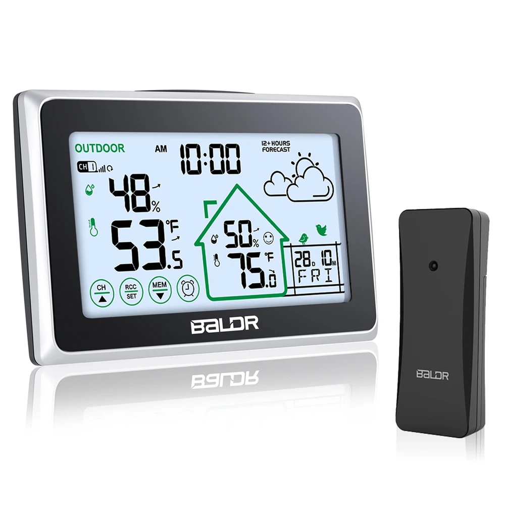 Baldr Weather Forecast DCF Clock Touch Screen In/Outdoor Thermometer Hygrometer Trend Calendar Comfort Indicator Wireless Sensor