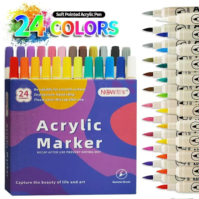 12-48 Colors Acrylic Paint Markers Soft Brush Nib Art Markers for Rocks Tiles Glass Ceramic Pens Painting DIY Art Supplies