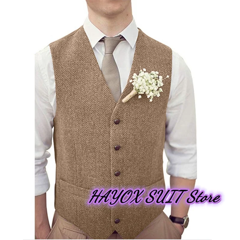 Tweed Men's Suit Vest Korean Style Slim Fit Single Breasted Chaleco Hombre Wedding Business Formal Herringbone Jacket Waistcoat