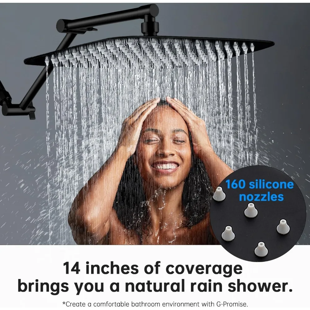 Cabeça de chuveiro de chuva G-Promise totalmente metálica de 14 polegadas com braço de extensão ajustável de 16 polegadas |   Chuveiro de chuva de alta pressão |   Luxo