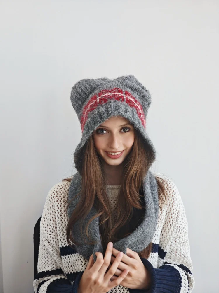 مجموعة قبعات وشاح متماسكة على شكل دب لطيف للنساء - قبعة شتوية دافئة وأنيقة مع صوف 35%، رمادي - الكل في واحد لتدفئة الرقبة وها #1