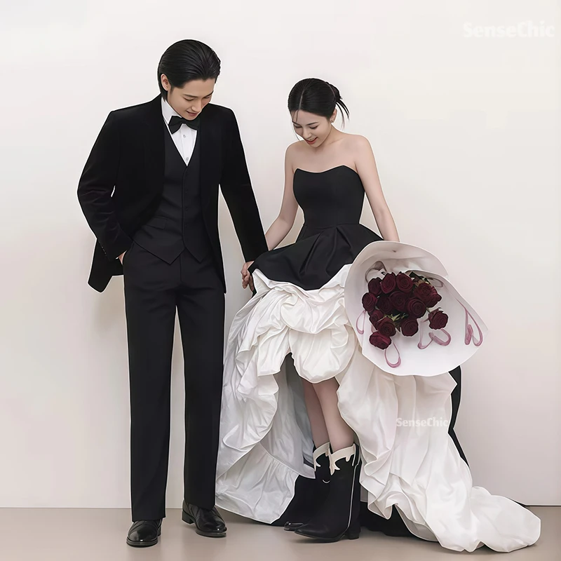 Gaun Pengantin 2025 Satin Korea Tanpa Tali Formal A Line Sapu Kereta Formal Tanpa Lengan Tinggi Rendah Gaun Pengantin Gaun Disesuaikan