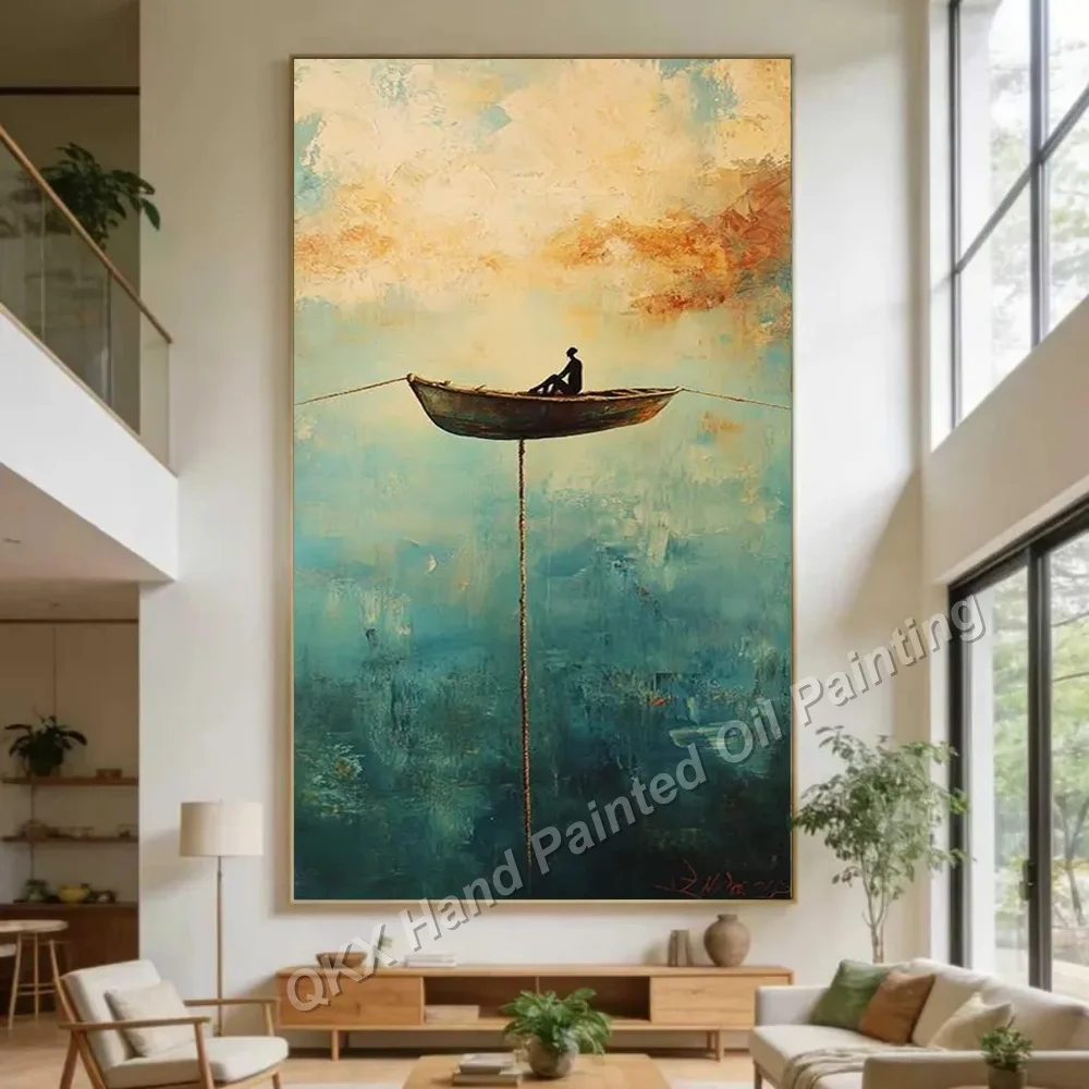 Surreal Solitary Man Boat Thick Textured Scenery 100% Hand-Painted Oil Painting on Canvas Wall Art Decor for Living Room