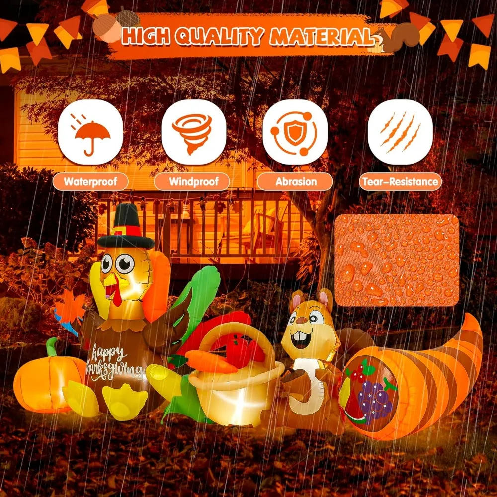 ديكور عيد الشكر بطول 12 قدمًا مع اليقطين والذرة، ديكور خارجي قابل للنفخ بإضاءة LED