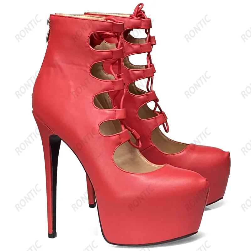 Rontic Italian Handmade Women Pumps Platform Lace Up Sexy Stiletto Heels Round Toe Elegant Black Party Shoes US Size 5-20