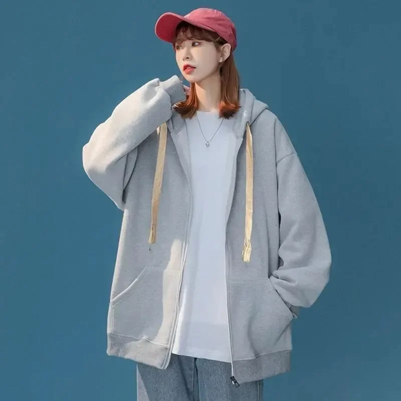 

Autumn Winter Fleece Sweatshirt Hooded Cardigan Jacket Solid Oversized Hoodies Women Zipper Coat Sportswear Y2k Clothes Korean