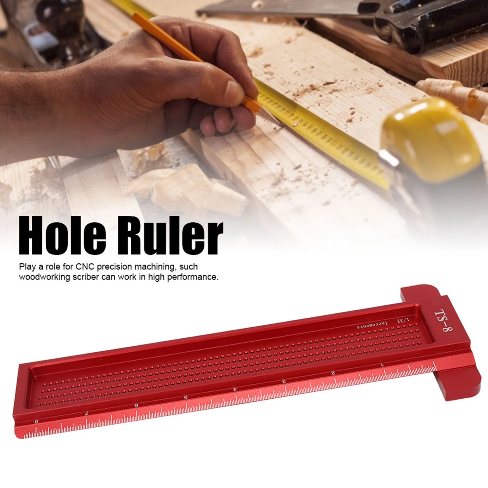 TS-8 Woodworking Hole Ruler Aluminum T shaped Measuring Tool Mini Scriber for Hardware(Red )