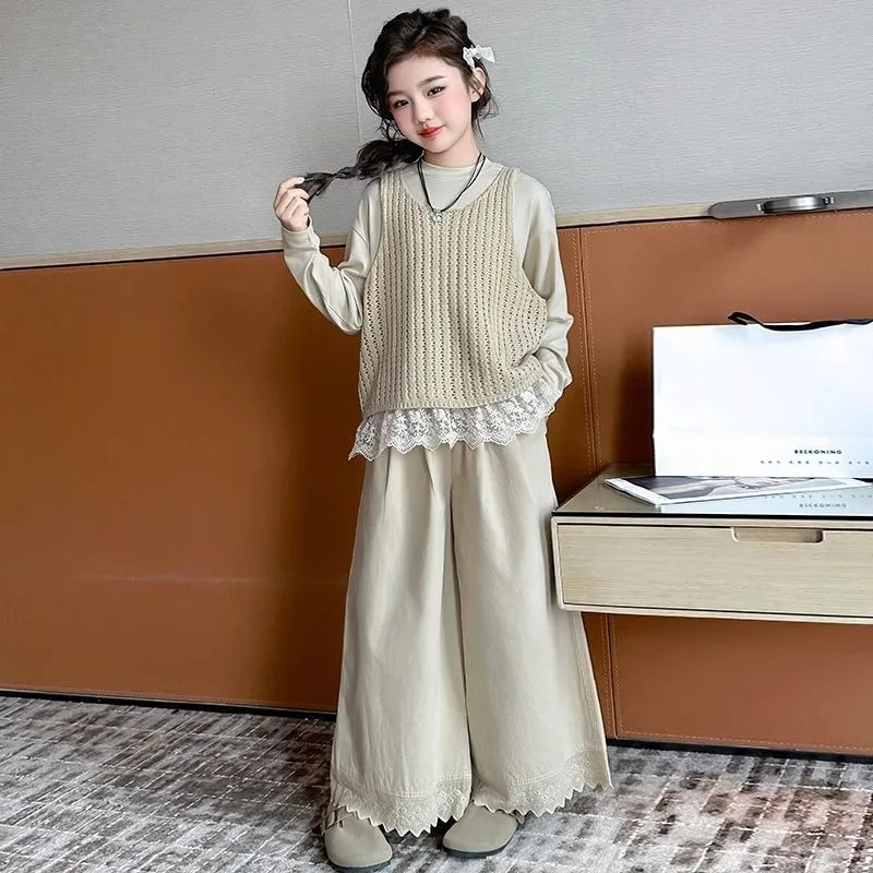 

Knitted Vest Lace Top Wide-leg Pants Korean-style Three-piece Set & 3-Piece Girls's Sets Girl Long Sleeve Children's Clothing