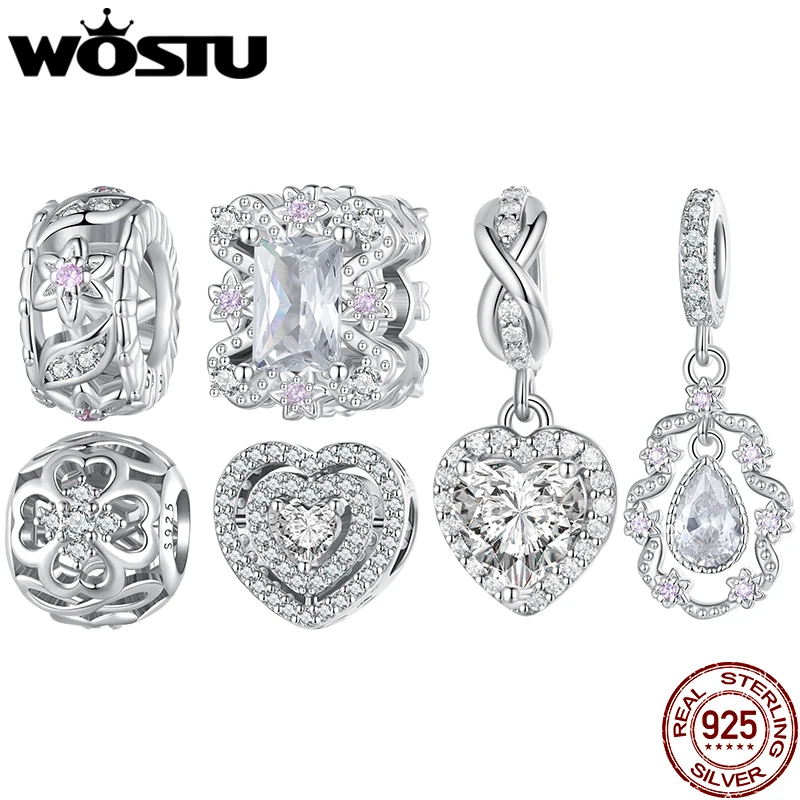 WOSTU 925 Sterling Silver Heart Charms Pink Crystal White Zircon Hollow Beads For Women Fit DIY Bracelet Necklace Jewelry Making