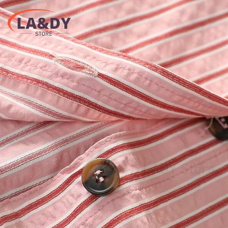 Women's Striped High Neck Button-Up Blouse Top with Long Sleeves