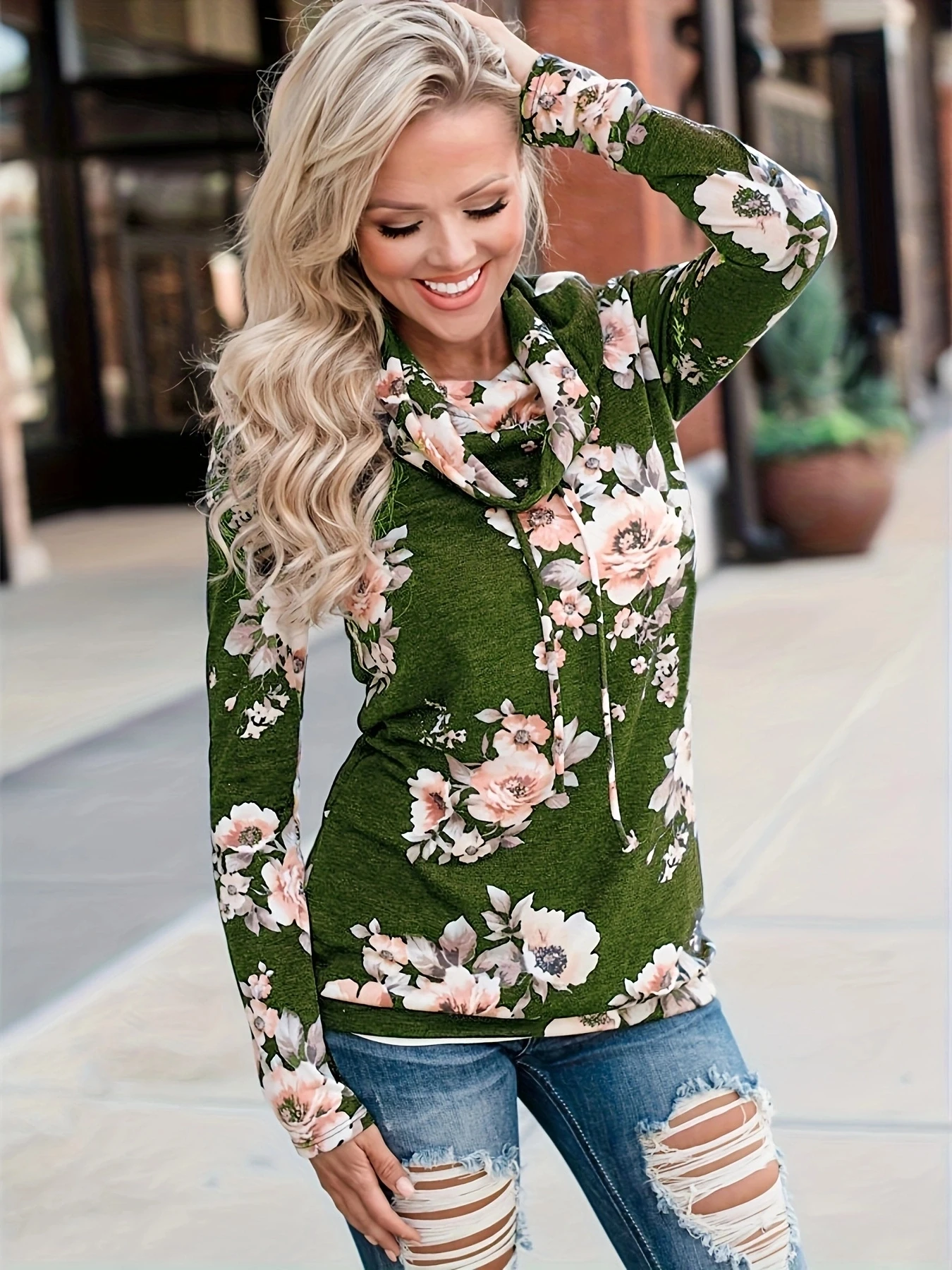 Women Fashion Floral Printed Hoodies Sweatshirts Casual Full Long Sleeve Knitted Autumn Winter Pullover Tops Ladies Hoodies Tops