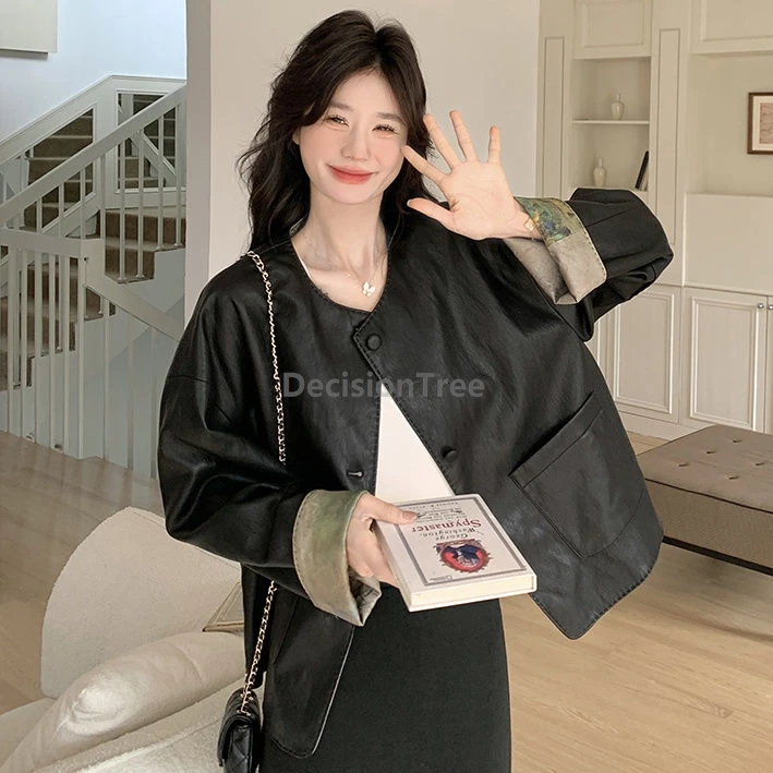 

Новинка 2025 года, кожаная куртка в китайском стиле с обеих сторон, женское весенне-осеннее пальто, модный темпераментный костюм Тан, пальто