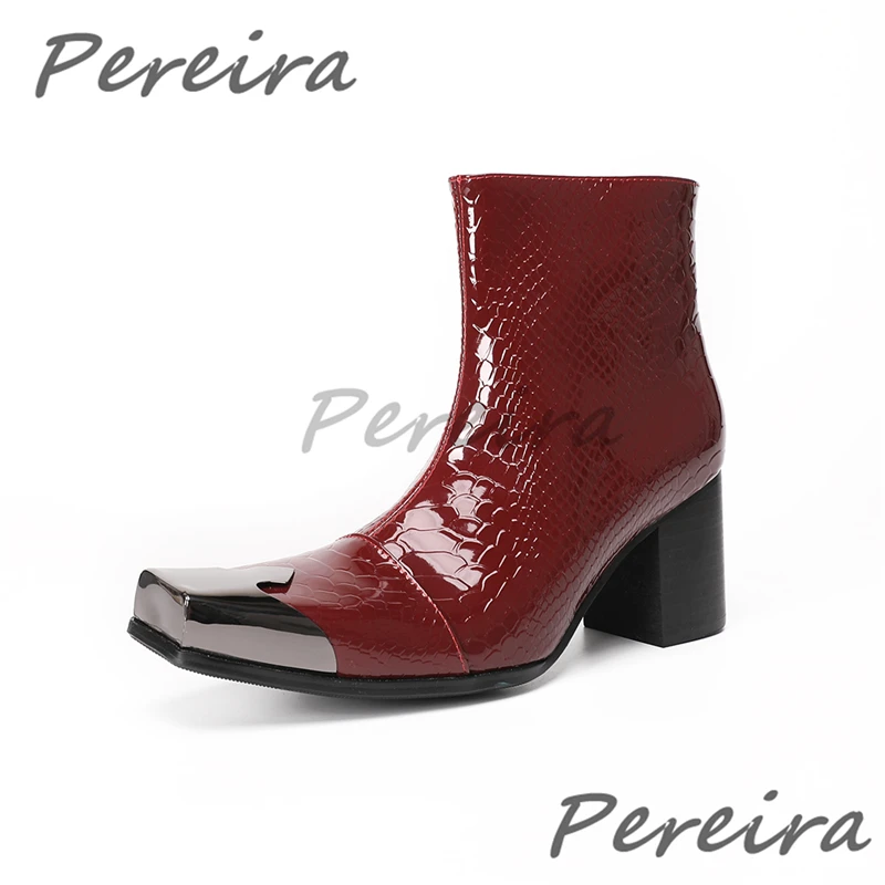 Red Snake Patterned Patent Leather High-Top Shoes Men's Metal Toe Side Zipper High Heel Chelsea Boots Fashion Party Dress Shoes