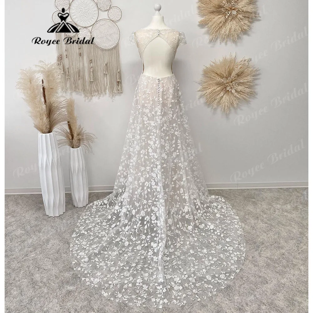 Vinatge mergulhando decote em v renda completa sem costas vestido de casamento manga boné 2025 vestido de noiva trem varredura vestido de noiva personalizado