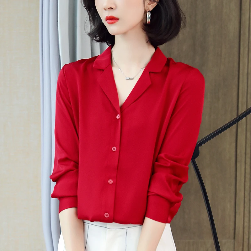 

Красно-бело-черная женская рубашка с отложным воротником, длинным рукавом, элегантная блузка из натурального шелка для офиса, однотонная