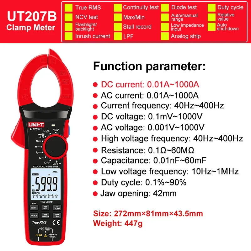 UNI-T  UT207B True RMS Digital Clamp Meter AC DC Current 1000A 1000V  LPF 6000 Count Backlight Flashlight Multimetro Tester