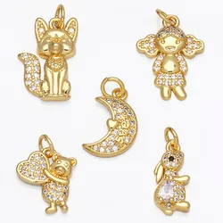 OCESRIO Moon Rabbitt Charms for Necklace Gold Plated Copper CZ Handmade Animal Girl Heart Pendant Jewelry Making pdta695