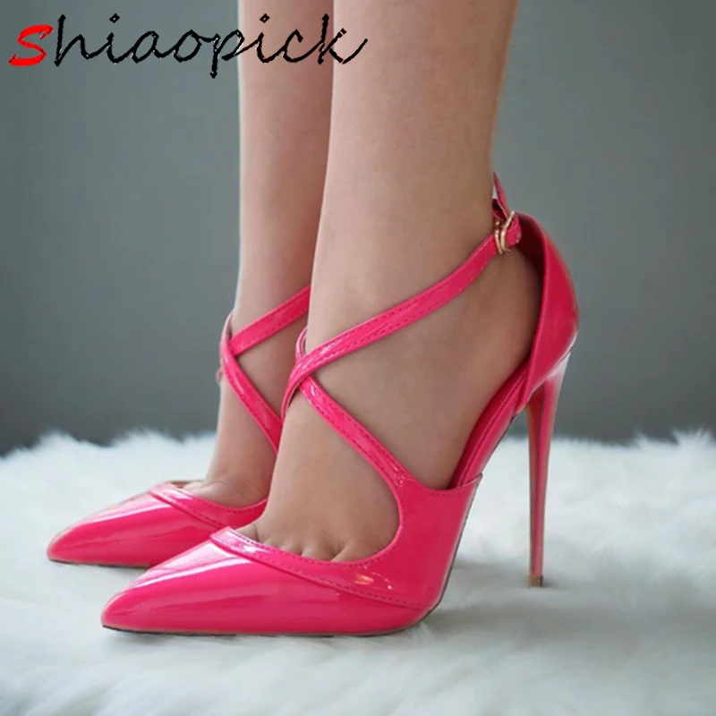 

Fashion Rose red Solid 12cm Extreme Thin High Heels Cross Strap Ankle Christmas Gift Pumps Stilettos Marriage Dress Pointed toe