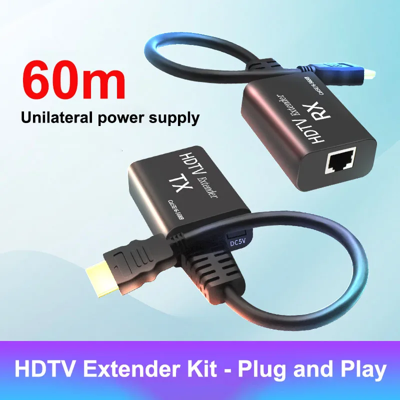 60M HDMI Extender Over Cat5e Cat6 Cable HDMI To RJ45 Ethernet Network Extender Transmitter and Receiver Kit POC One Power Supply