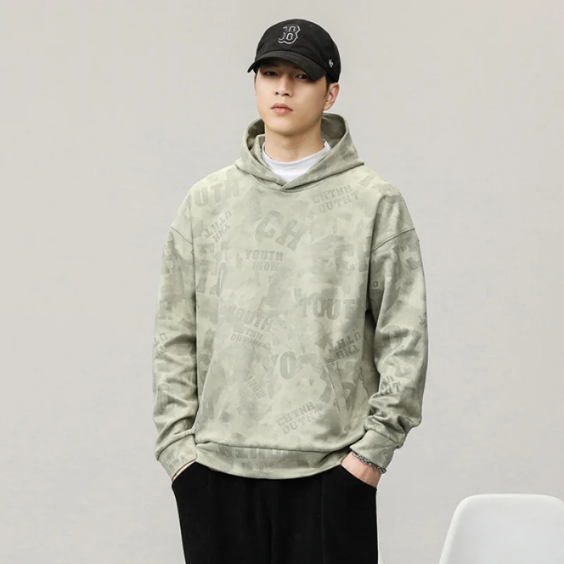 

Suede Sweater for Men 2024 Autumn and Winter New Loose Street Trend Fashion Printed Casual Long-Sleeve T-shirt Hooded Clothes