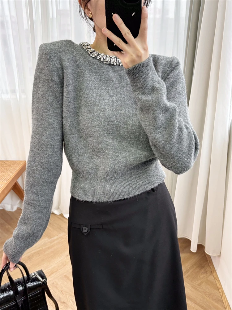 Hooded Knitted Christmas Sweater Heavy Industry Diamond Decoration Round Neck Grey Sweater Autumn and Winter French Exquisite