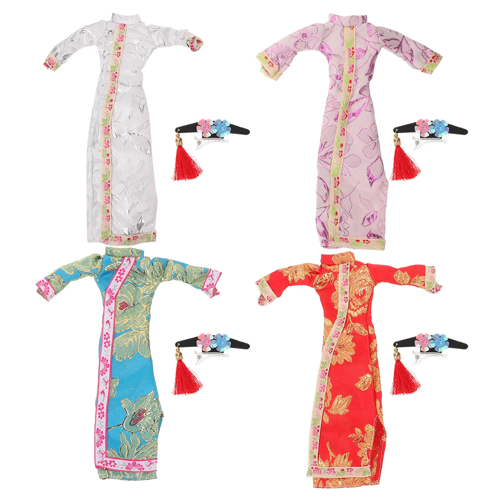 4 set Mini Chinese Wedding Dress Cheongsam 30Cm Floral Design For Kids Vintage Style Party Play Outfit Accessory Set