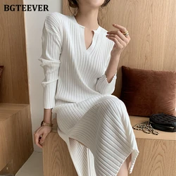 BGTEEVER Stylish V-neck Slim Knitted Package Hip Dress Women Long Sleeve Split Female Bodycon Sweater Dress Autumn Winter