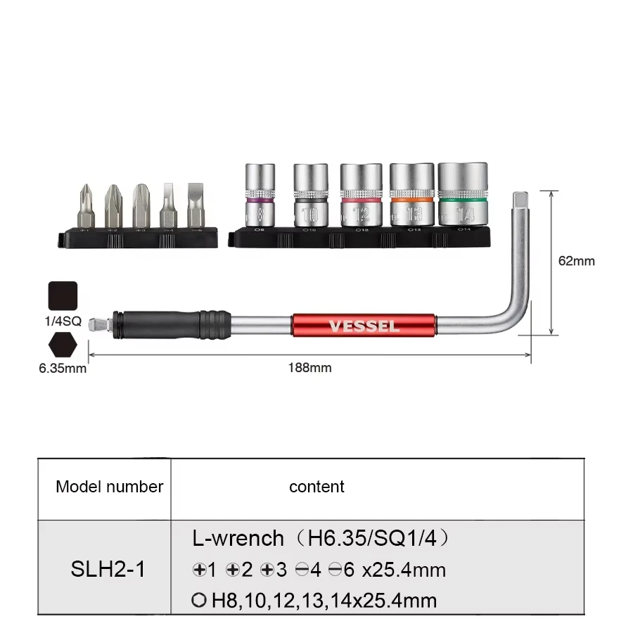 VESSEL SLH2/SLH2-1 مقبض L ثنائي الاتجاه - 1/4 بوصة ثنائي الغرض، عقد منزلق، مجموعة مفاتيح الكوع
