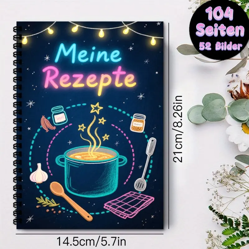 A5 Deutsches Rezeptbuch, Spiral Binding Notebook, Can Hold Up to 100 Recipes, Cooking Journal with Spice & Utensil Design