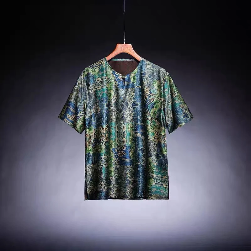 Casual Style Men's Short Sleeve Silk T-Shirt Loose Fit Summer Sensation Xiangyun Silk Top Chinese Culture Floral Pattern roun...