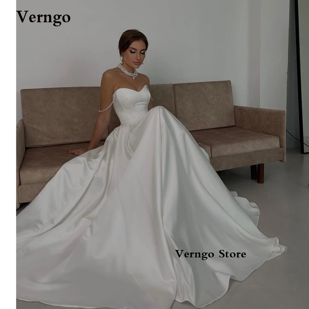 

Verngo Simple A Line Silk Satin Wedding Dresses Sweetheart Beads Straps Sweep Train Bridal Gowns Robe de mariage Vestidos