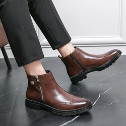 Classic Men Chelsea Boot Double Zipper Brogues Round Toes Men's Leather Shoes Short Boots Fashion Trend Retro