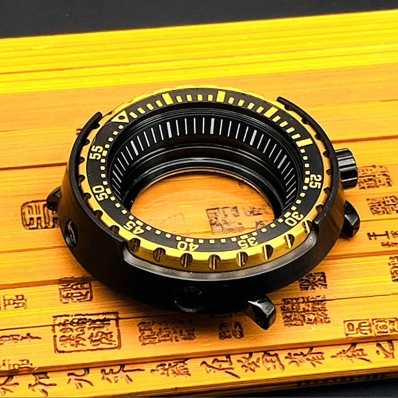 Matte Black-Gold Seiko Tuna Canned Watch Cases fits NH35 NH36 4R Movement Transparent Back Cover Gold Bezel NH35 Tuna Watch Case
