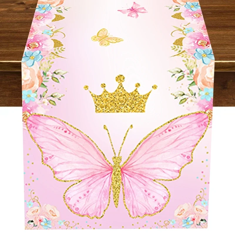 1pc Pink Butterfly Themed Polyester Table Runner Table Flag For Butterfly Birthday Baby Shower Wedding Home Holiday Table Decor