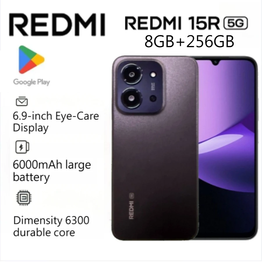 2026 new Redmi 15R Global Unlocked Android Phone Ultra Large 6.9-inch HD Screen 8GB RAM 256GB 50MP High Definition Main Camera