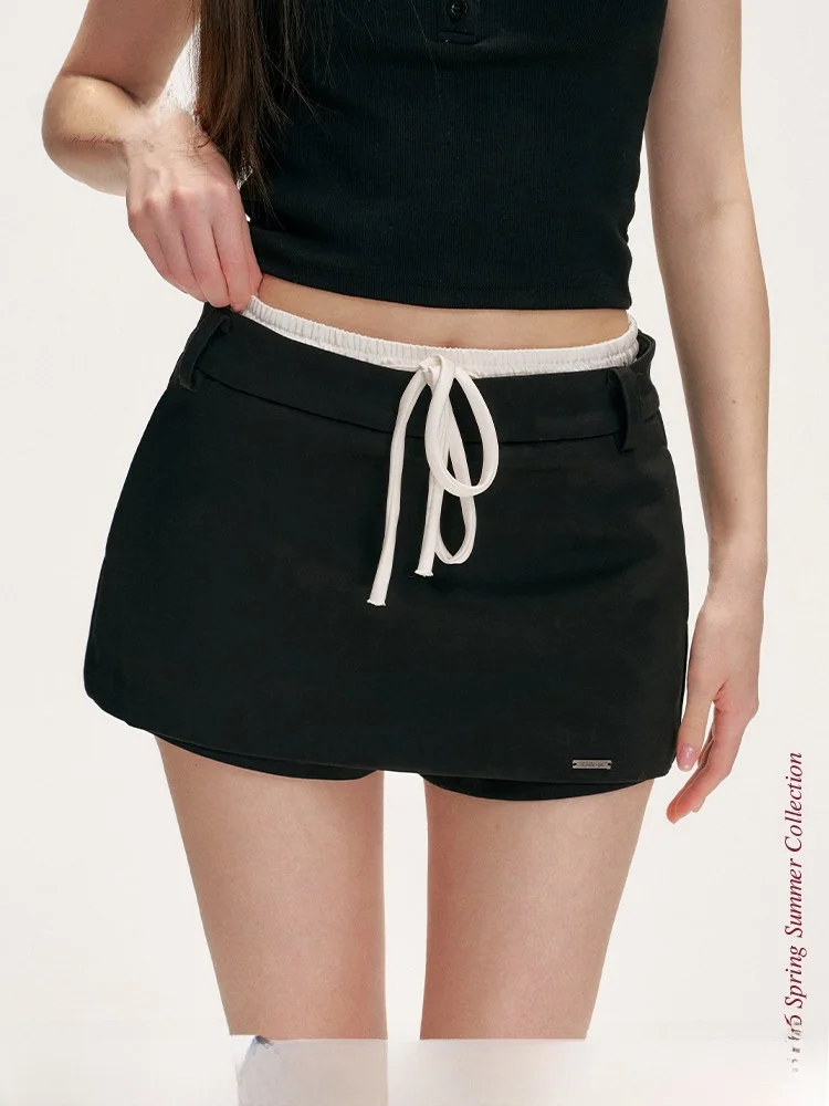

Casual Contrast Color Belted Double Waist Straight Leg Short Half Skirt Liilou Street Style High Waist Polyester Blend Skirt