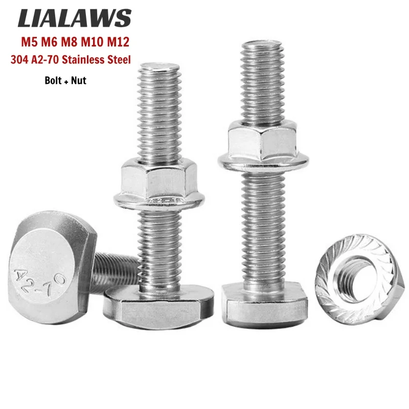 304 A2-70 Stainless Steel T-Slot Mold Clamp Bolt Set with Hex Flange Nut for Punch Press CNC & Aluminum Fixture M5 M6 M8 M10 M12