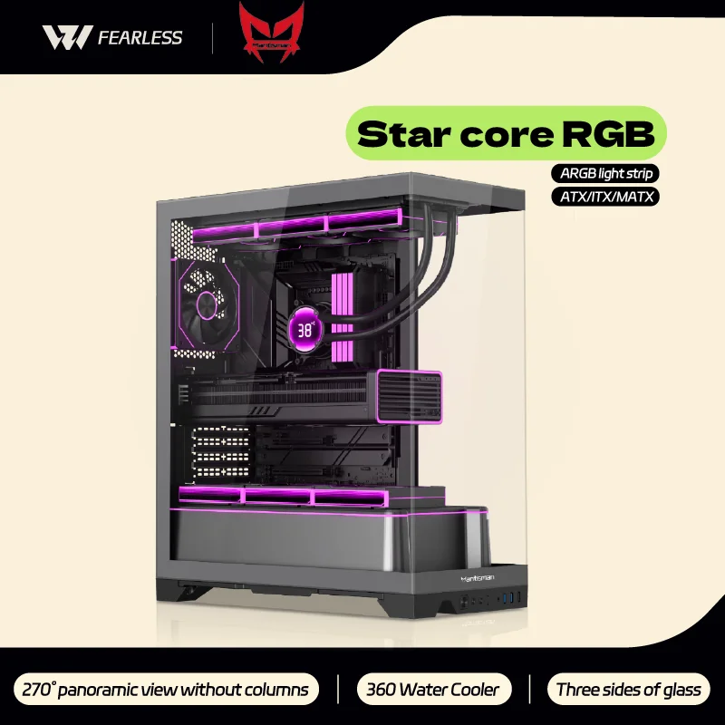 MANTISMAN Star Core RGB PC Gaming Case Light Strip MATX/ATX Three Sided Glass 360 Water Cooler Computer Case Gabinete Gamer
