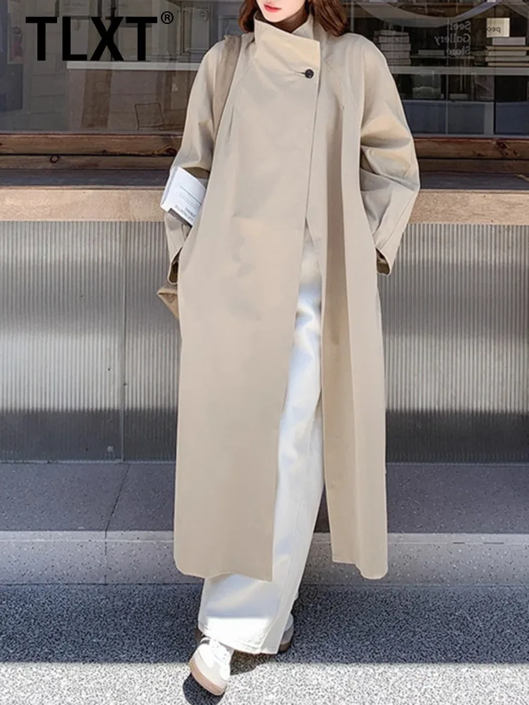 

TLXT Элегантный женский плащ цвета хаки с воротником-стойкой, стильная верхняя одежда свободного покроя, пальто с длинными рукавами, новинка осени 2023, XK1626
