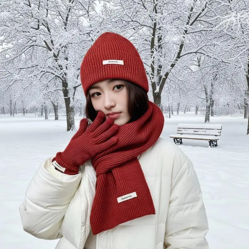 محبوك الشتاء وشاح امرأة بلون قبعة وشاح قفازات المرأة يندبروف الكبار ثلاث قطع مجموعة موضة المرأة وشاح طقم قبعات