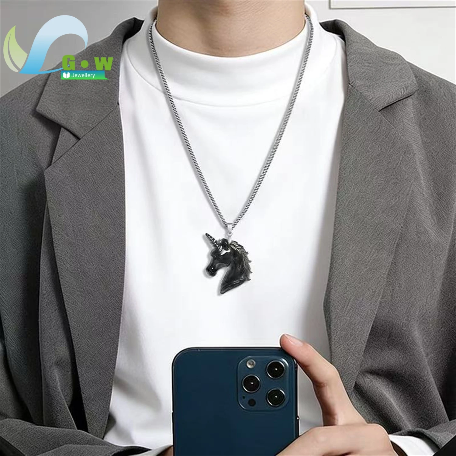 Natural Grade A Jadeite Black Ice Horse Pendant Hanging Jade Amulet Necklace Unisex Carved Gemstone Jewelry Charm Gift For Men