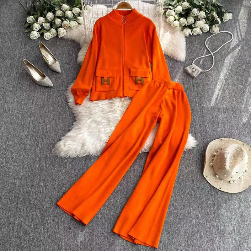 2024 New Pocket Letter Zipper Cardigan Wide Leg Pants Knitted Two Piece Fashion Versatile Set for Women Women Two Piece Outfits