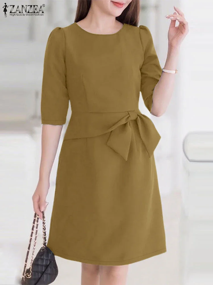 2025 ZANZEA Office Lady Vestito estivo Lace-Up Donna Abito al ginocchio Tinta unita Casual Abito allentato Mezza manica Arco Abiti da festa