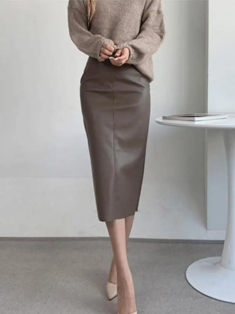 

Women Korean Fashion Brown Office Straight Wrap Hip Split Skirt Streetwear Autumn Winter New Black Leather High Waist Midi Skirt